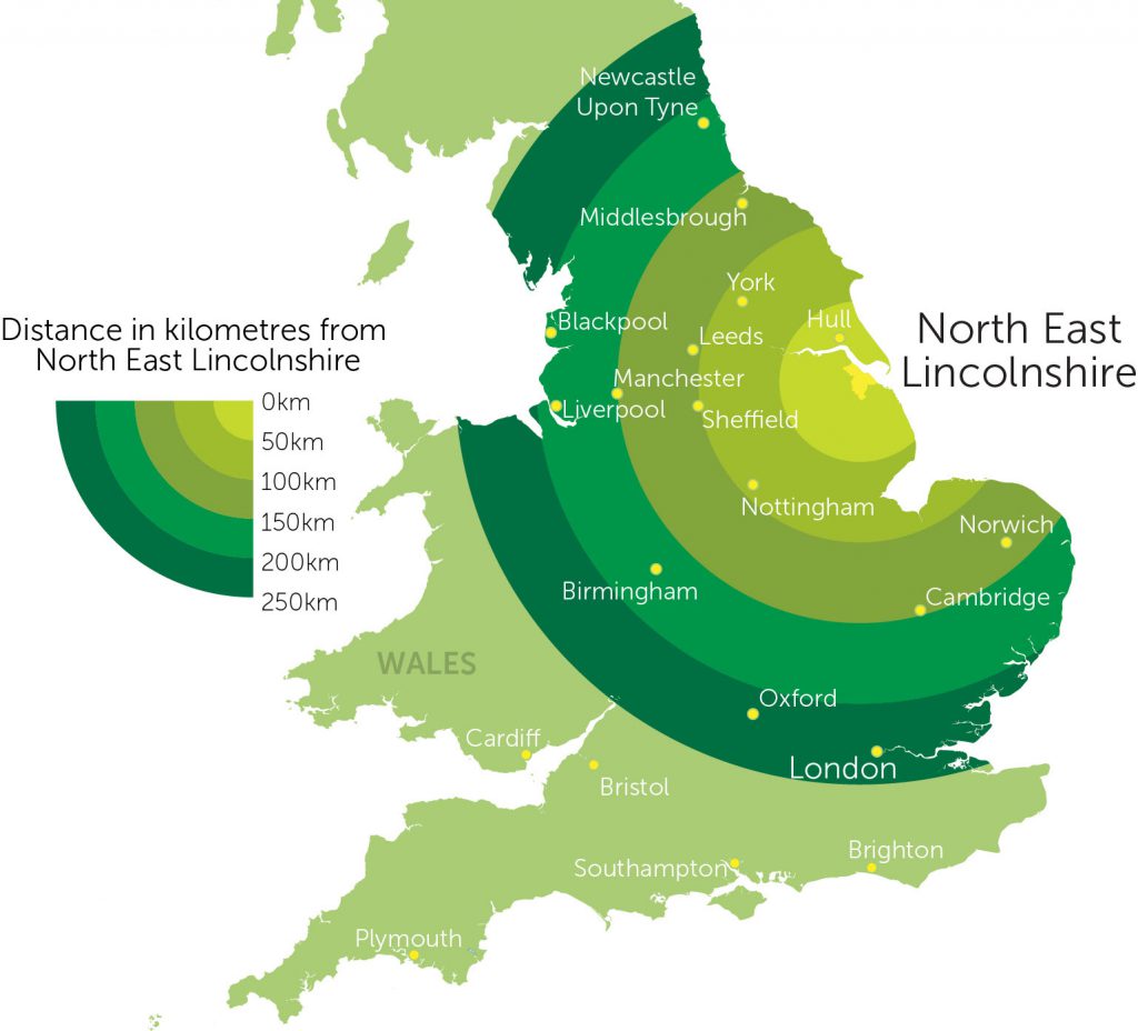 Map of the United Kingdom showing where North East Lincolnshire is located, the perfect location for food manufacturing in the UK.
